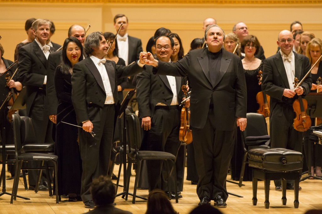 Yefim Bronfman takes a bow after his performance of Brahms' Piano Concerto No. 2 with Riccardo Muti and the Chicago Symphony Orchestra Saturday night at Carnegie Hall. Photo: Todd Rosenberg