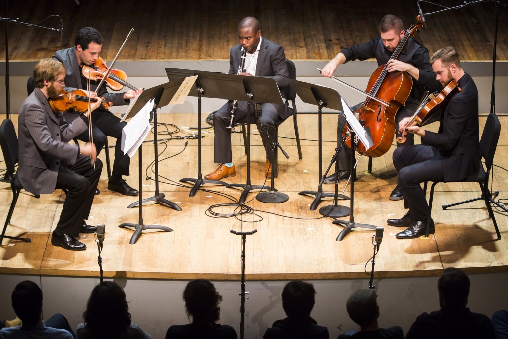  JACK Quartet and Anthony McGill performed the world premiere of Geoffrey Gordon's Clarinet Quintet Friday night at Roulette. Photo by Chris Lee