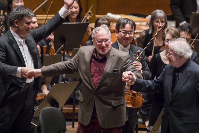 Alan GIlbert, HK Gruber and Emanuel Ax acknowledge applause after the world premiere of Gruber's Piano Concerto Thursday night. Photo: Chris Lee