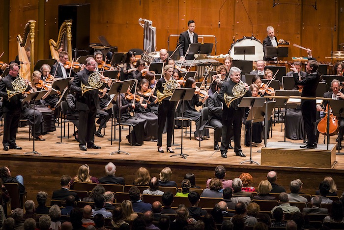 Esa-Pekka Salonen conducts the new York Philharmonic in U.S. Premiere of Tansy Davies' Forest with horn players (l to r) Michael Thompson, Nigel Black, Katy Wooley and Richard Watkins at David Geffen Hall, 4/27/17. Photo by Chris Lee