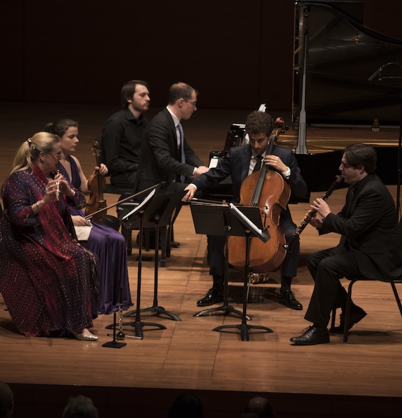 The Chamber Society of Lincoln Center performed John Harbison's "Songs America Loves to Sing" Sunday night. (Flutist Tara Helen O’Connor, clarinetist Jose Franch-Ballester, violinist Bella Hristova, pianist Gilles Vonsattel, and cellist Nicholas Canellakis) Photo: Tristan Cook