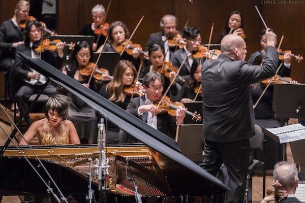 Yuja Wang performed Brahms' Piano Concerto No. 1 with Jaap van Zweden and the New York Philharmonic Wednesday night at David Geffen Hall. Photo: Chris Lee