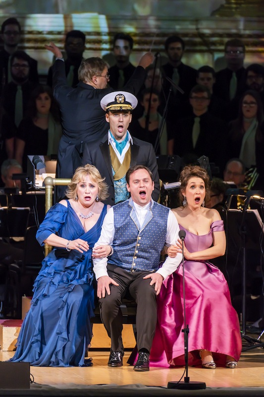 Patricia Racette, Paul Appleby, and Erin Morley with Ryan Silverman (standing) in Leonard Bernstein's "Candide" Wednesday night at Carnegie Hall. Photo: Chris Lee
