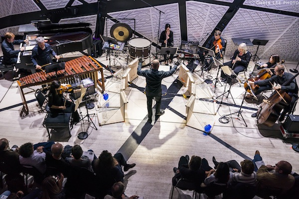 A plugged-in Jeremy Milarsky conducted Alexander Khubeev's "Ghost of Dystopia" at MOnday night's CONTACT! concert at National Sawdust. Photo: Chris Lee
