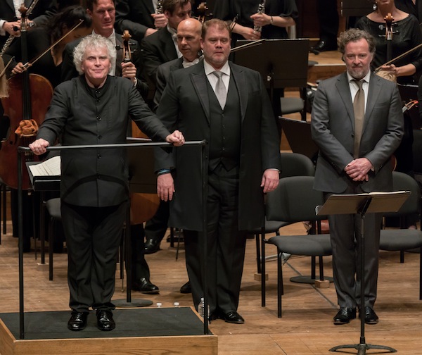 Simon Rattle and soloists Stuart Skelton and Christian Gerhaher acknowledge applause following the performance with the London Symphony Orchestra of Mahler's "Das Lied von der Erde" Sunday at David Geffen Hall. Photo: Kevin Yatarola