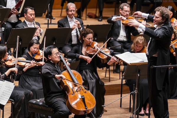  Jian Wang performed Elgar's Cello Concerto with conductor Nikolaj Zaider and the New York Philharmonic THursday night at David Geffen Hall. Photo: Chris Lee