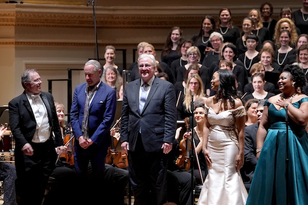 The Oratorio Society of New York presented the world premiere of Paul Moravec's "Freedom Road" Monday night at Carnegie Hall. Pictyured (L to r) are condcyior Kent Tritle, librettist Mark Campbell, comspoer Paul MOravec, and two sops xxxx Photo: Eduardo Patino