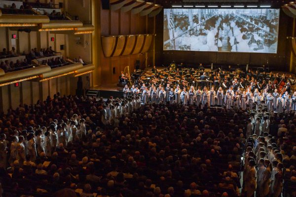 New York Philharmonic and choirs, led by conductor Jaap Van Zweden,  in the world premiere of Julia Wolfe's "Fire in my mouth" Thursday at David Geffen Hall. Photo: Chris Lee/New York Philharmonic