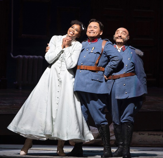 Pretty Yende, Javier Camarena, and Alessandro Corbelli in Donizetti's "La file du Regiment" at the Metropolitan Opera. Photo: Marty Sohl
