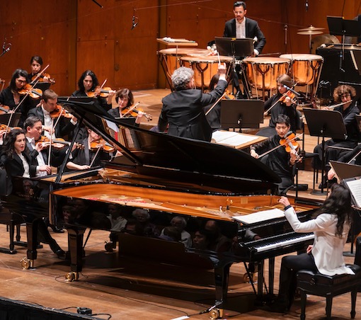 Katia and Marielle Labeque performed Bruch's Concerto for Two Pianos with Semyon Bychkov conducting the New York Philharmonic Thursday night at David Geffen Hall. Photo: Chris Lee