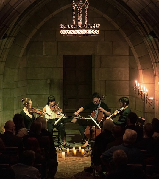The Attacca Quartet performed music of Caroline Shaw Tuesday night in the crypt of the coyote at the Church of the Ascension. Photo: Steven Pisano